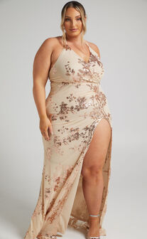 Out Till Dawn Split Maxi Dress in Rose Gold Sequin