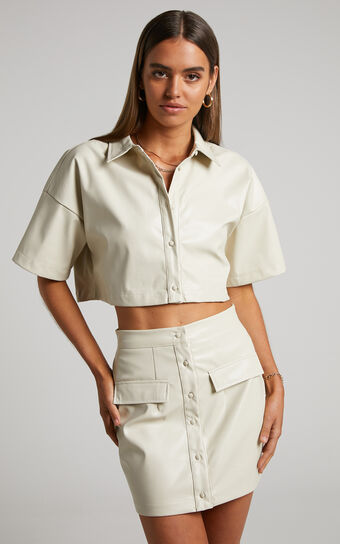 Ferrah Two Piece Set - Faux Leather Button Front Crop Top and Mini Skirt in Ecru