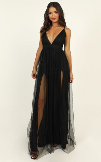 Like A Vision Plunge Maxi Dress in Black Tulle