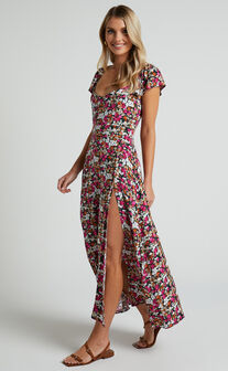 Donissa Midaxi Dress - Thigh Split Flutter Sleeve Dress in Navy Floral