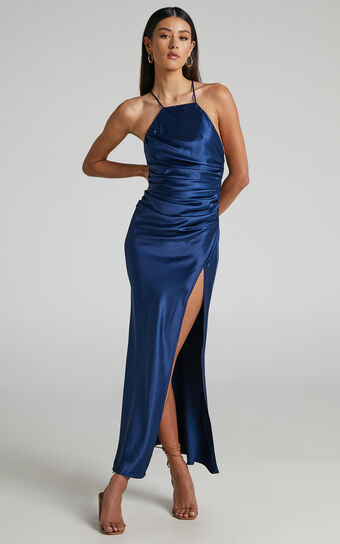 Malornan High Neck Ruched Maxi Dress in Navy