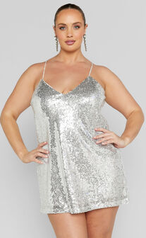 Delilaah Mini Dress - Strappy V Neck Slip Sequin Dress in Silver Sequins