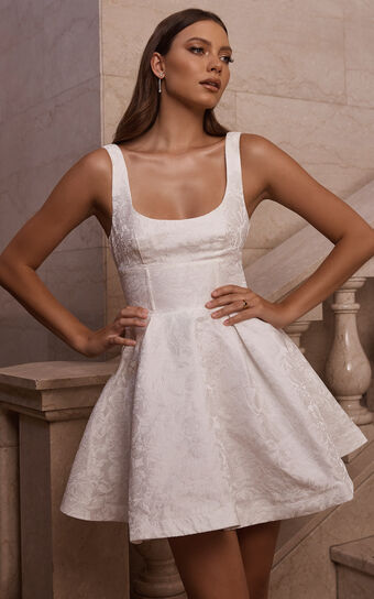 Stephane Mini Dress - Corset Scoop Neck Fit and Flare Dress in Ivory