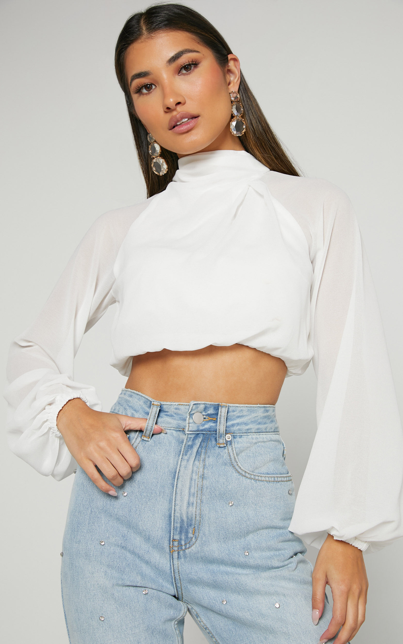 Tiffany Top - High Neck Draped Sheer Long Sleeve Blouse in White - 06, WHT1