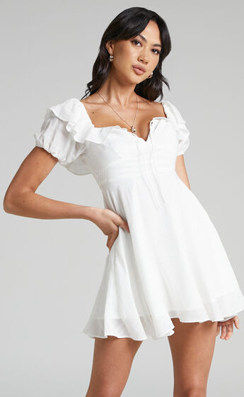 Canthe Frill Detail Puff Sleeve Off Shoulder Skater Dress in White