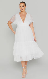 Jiraye Midaxi Dress - Flutter Sleeve Tuelle Plunge Dress in White