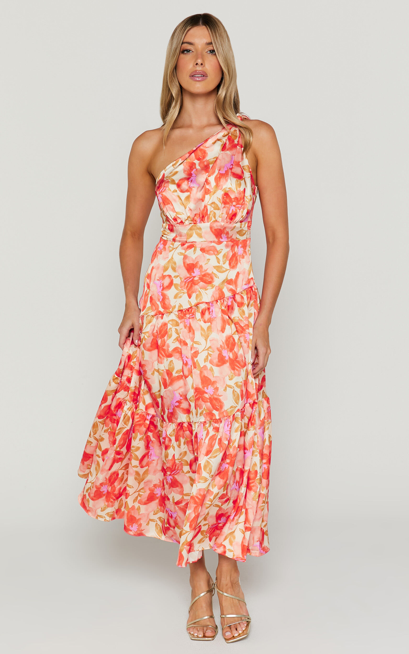 Georgine Midi Dress - One Shoulder Ruched Tiered Dress in AUTUMN FLORAL - 06, ORG1