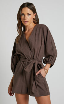 Kiro Playsuit - V Neck Puff Long Sleeve in Chocolate
