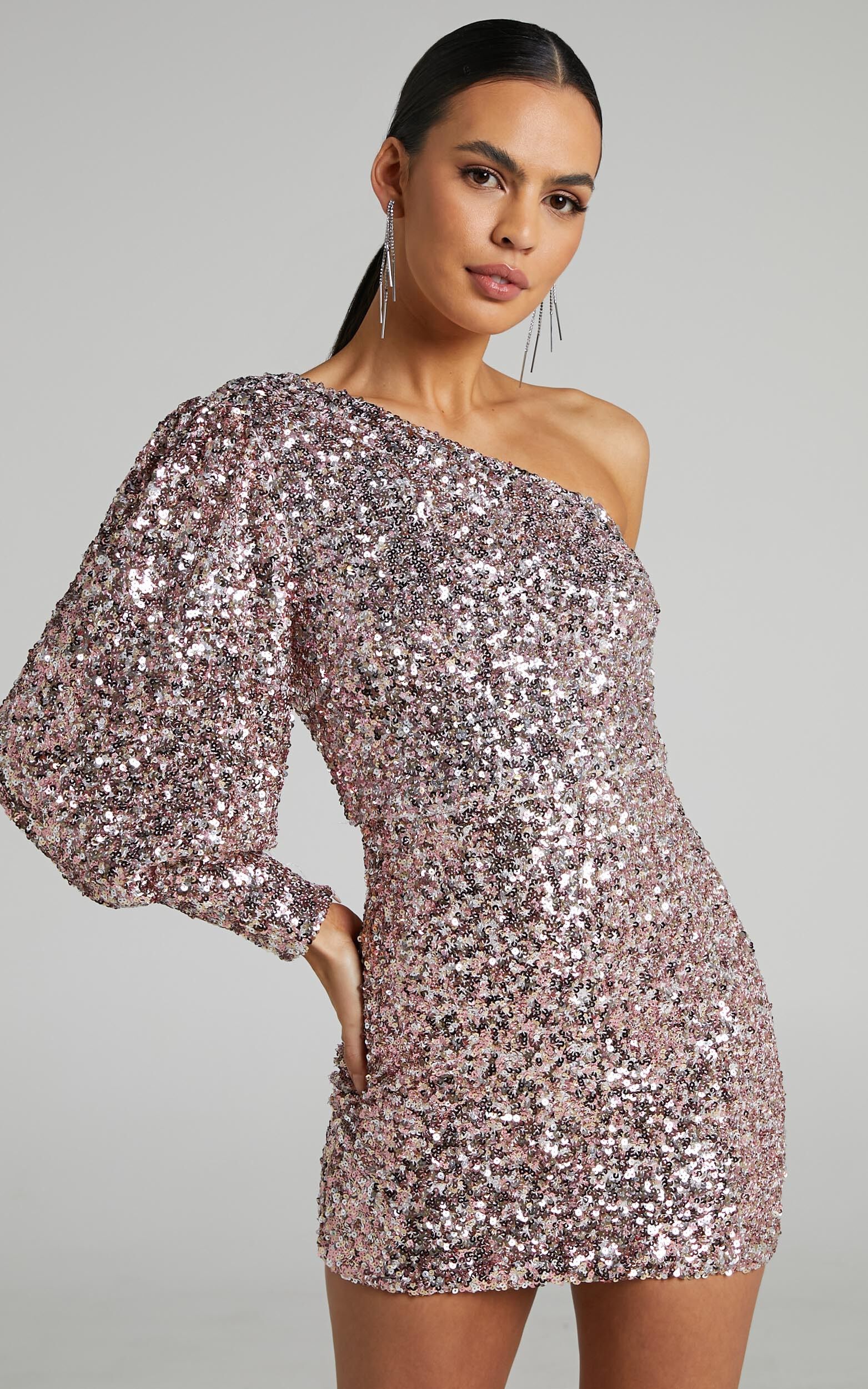 Luecia Asymmetric One Shoulder Puff Sleeve Mini Dress in Pink Sequin - 06, PNK2, super-hi-res image number null