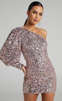Luecia Asymmetric One Shoulder Puff Sleeve Mini Dress in Pink Sequin