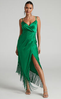 Rholie Plunge Neck Fringe Hem Fixed Wrap Midi Dress in Emerald
