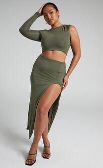 Elvie One Shoulder Crop Top and High Slit Midi Skirt Two Piece Set in Olive
