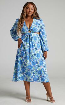 Geneve Ring Cut Out Long Sleeve Midi Dress in Geneve Blue Floral