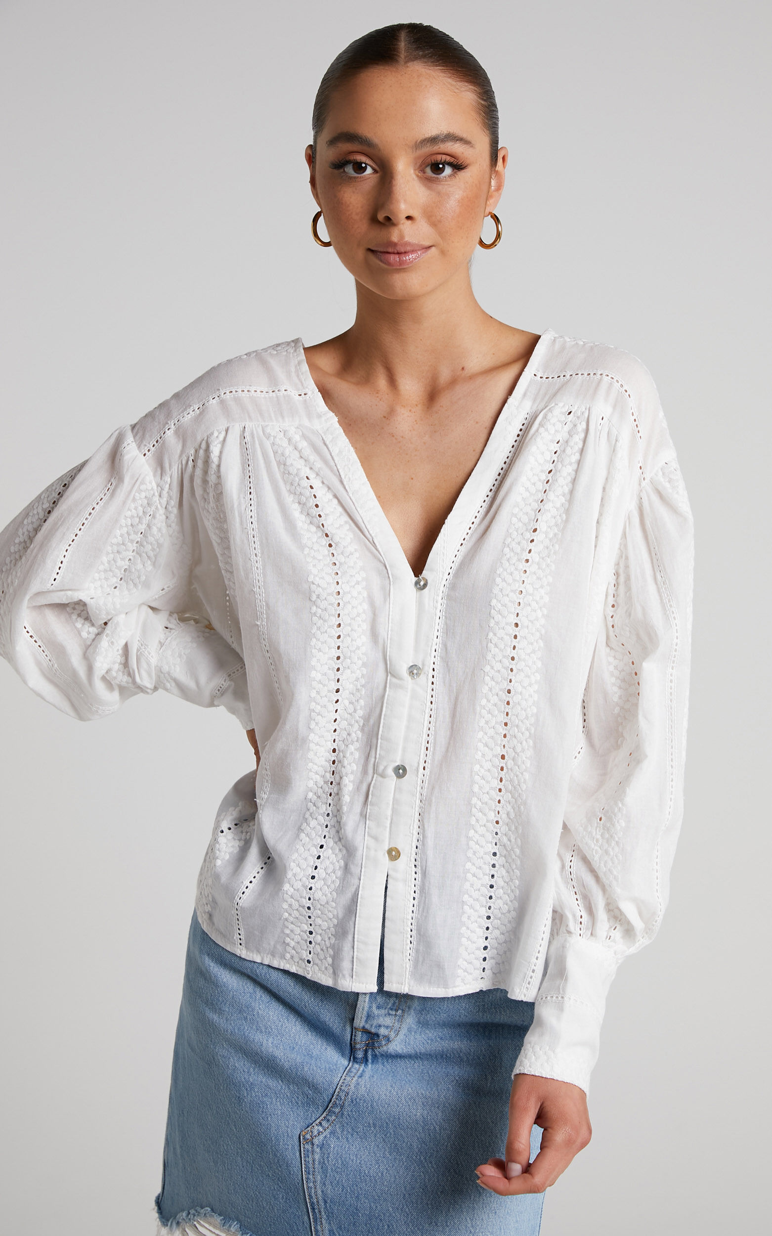 Lanzy Blouse - Long Sleeve Broderie Trim Relaxed Blouse in White - 06, WHT1, super-hi-res image number null