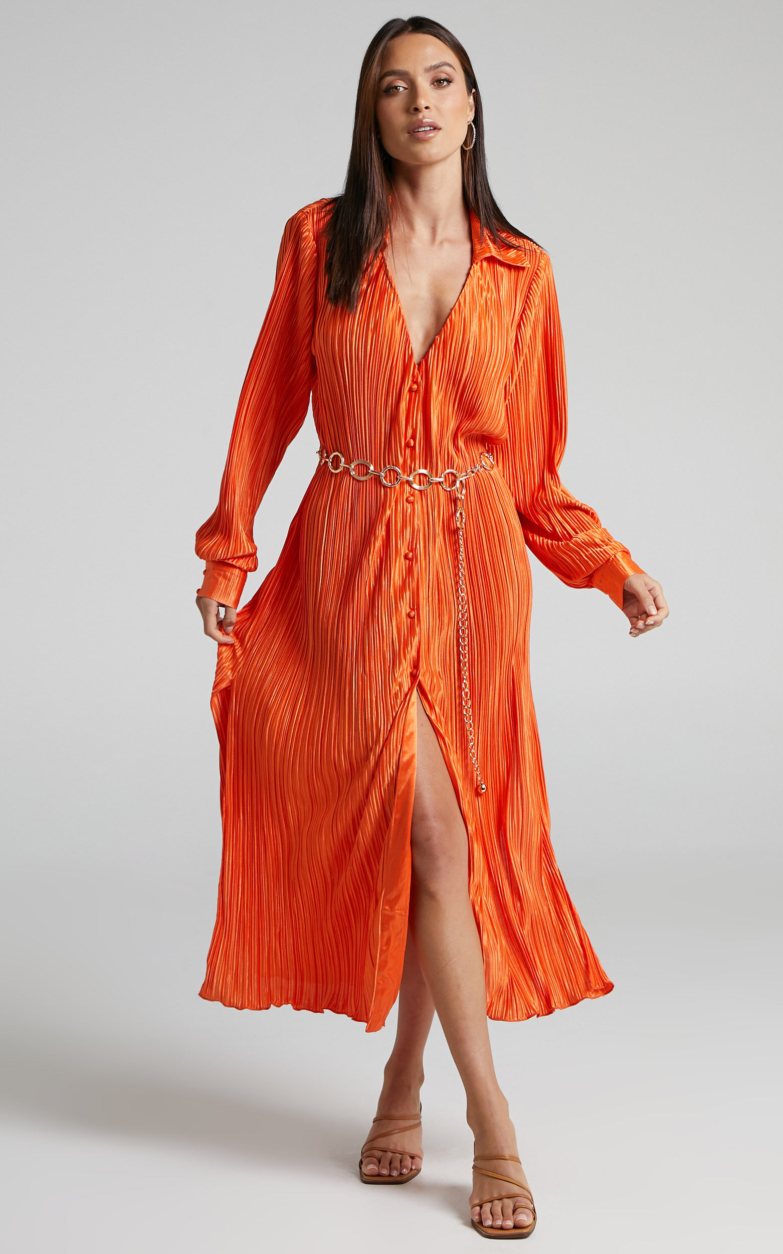 Donelli Plisse Oversized Collared Shirt Midi Dress in Orange - 04, ORG3, super-hi-res image number null