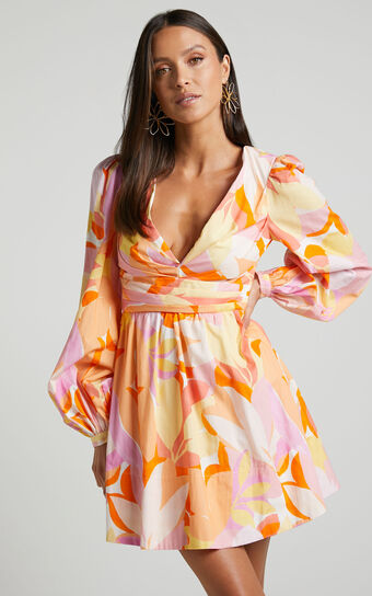Erica Mini Dress - Long Sleeve Deep V Gathered Bust Detail Dress in Orange Floral