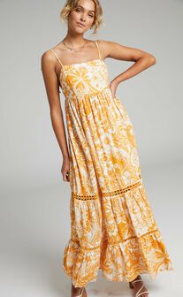 Gyah Square Neck Low Back Tiered Maxi Dress in Rust Paisley
