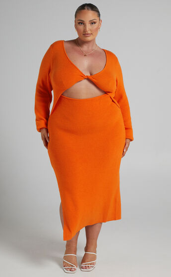 Irmia Twist Front Knit Midi Dress in Orange