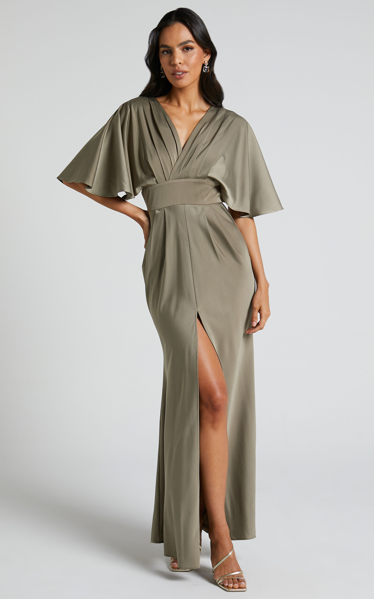 Gemalyn Midaxi Dress - Angel Sleeve V Neck Split Dress in Olive - 04, GRN1