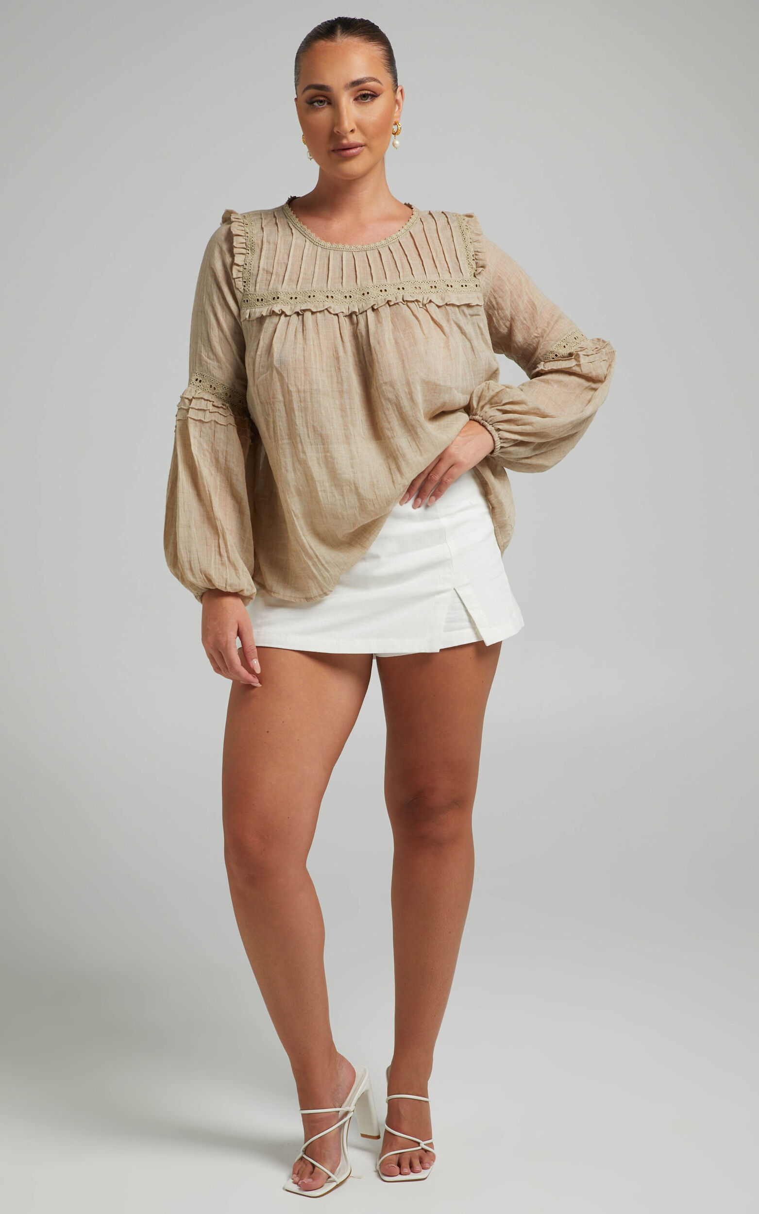 Izeth Long Sleeve Broderie Trim Blouse in Beige - 06, CRE1, super-hi-res image number null