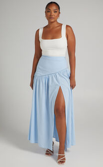 Jalena Thigh Slit Asymmetric Maxi Skirt in Light Blue