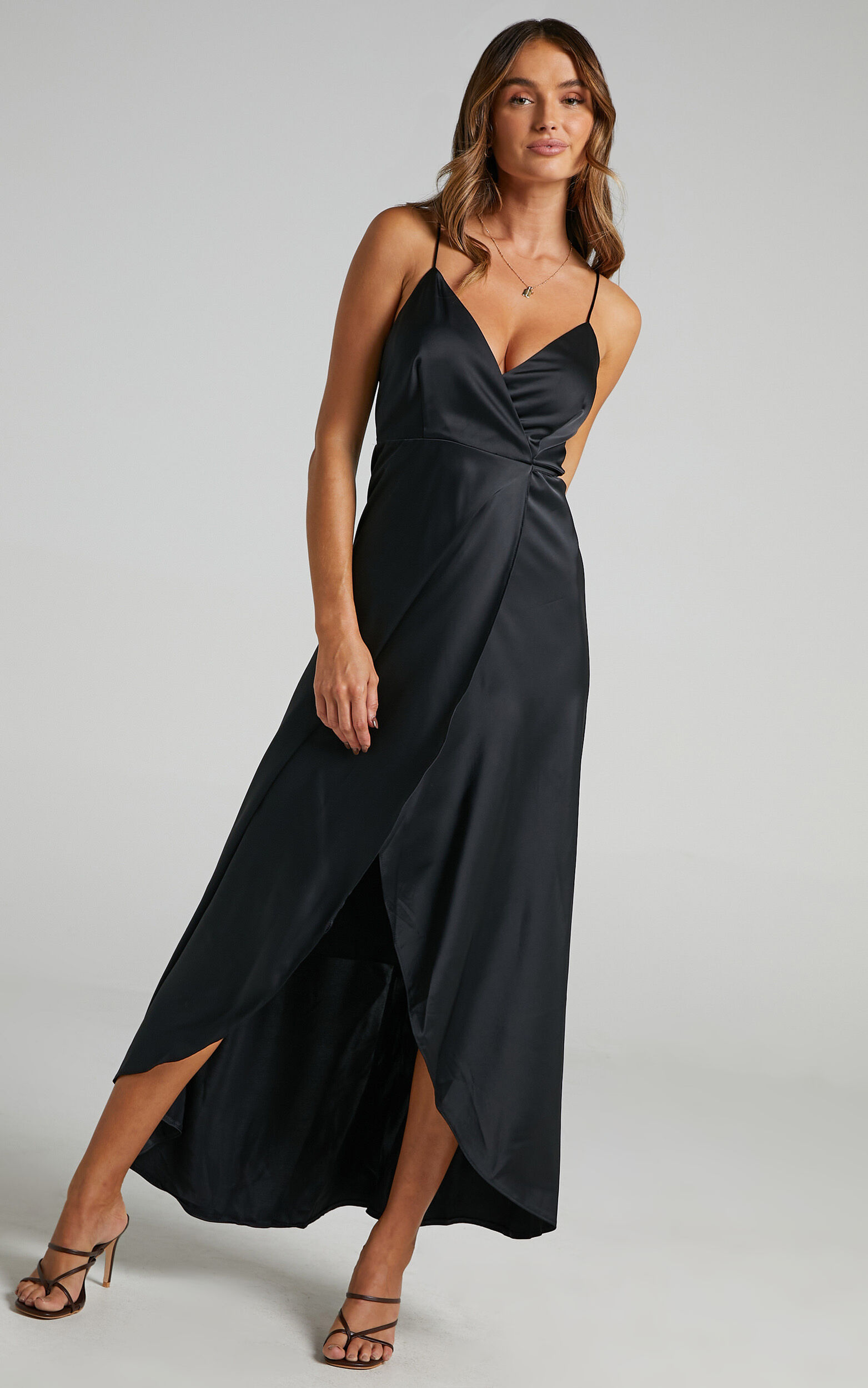 Mine Would Be You Midi Dress - Wrap Dress in Black Satin - 06, BLK1