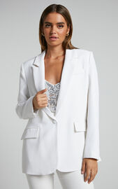 Michelle Oversized Plunge Neck Button Up Blazer in White | Showpo USA