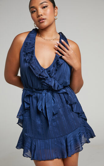 Marleigh Frill Detail Tie Back Mini Dress in Navy