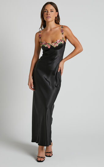 Harmony Floral Detail Cup Bust Satin Maxi Dress in Black