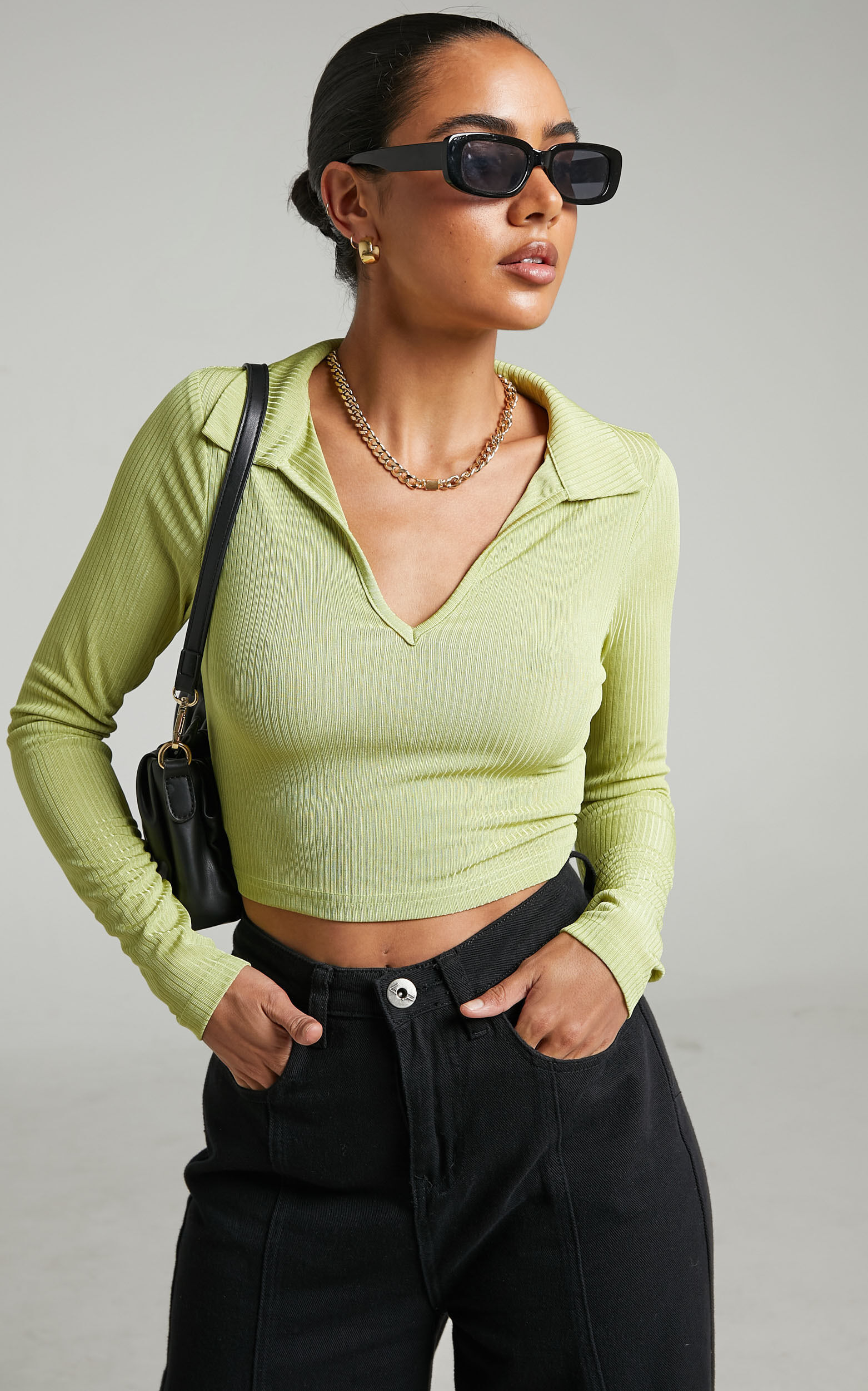 Marvel Collared Long Sleeve Top in Green Rib - 06, GRN1, super-hi-res image number null