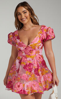 Brailey Jacquard Puff Sleeve Mini Dress in Pink