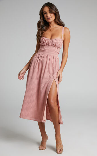 Eugenia Elastic Back Ruched Bust Midi Dress in Dusty Pink