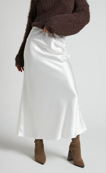 Salina Satin Slip Midi Skirt in White
