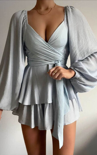 Florice Wrap Front Frill Playsuit in Pale Blue
