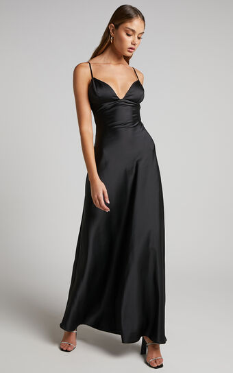 Cariela Midi Dress - Plunge Neck Satin Dress in Black