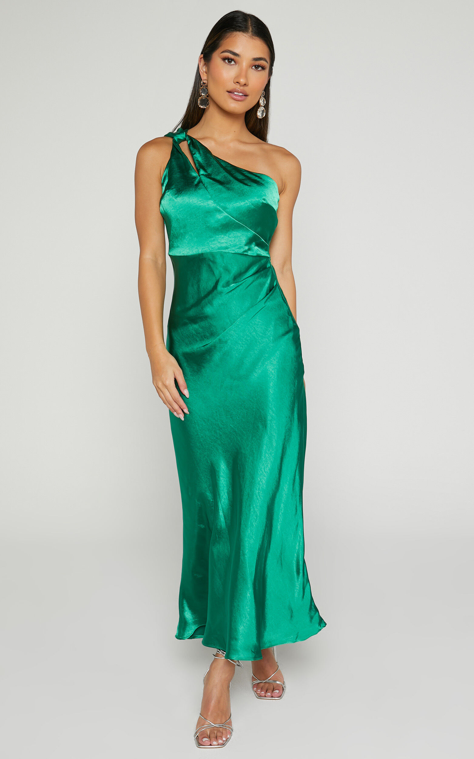 Ebony Midaxi Dress - One Shoulder Twist Detail Satin Dress in Green - 06, GRN1