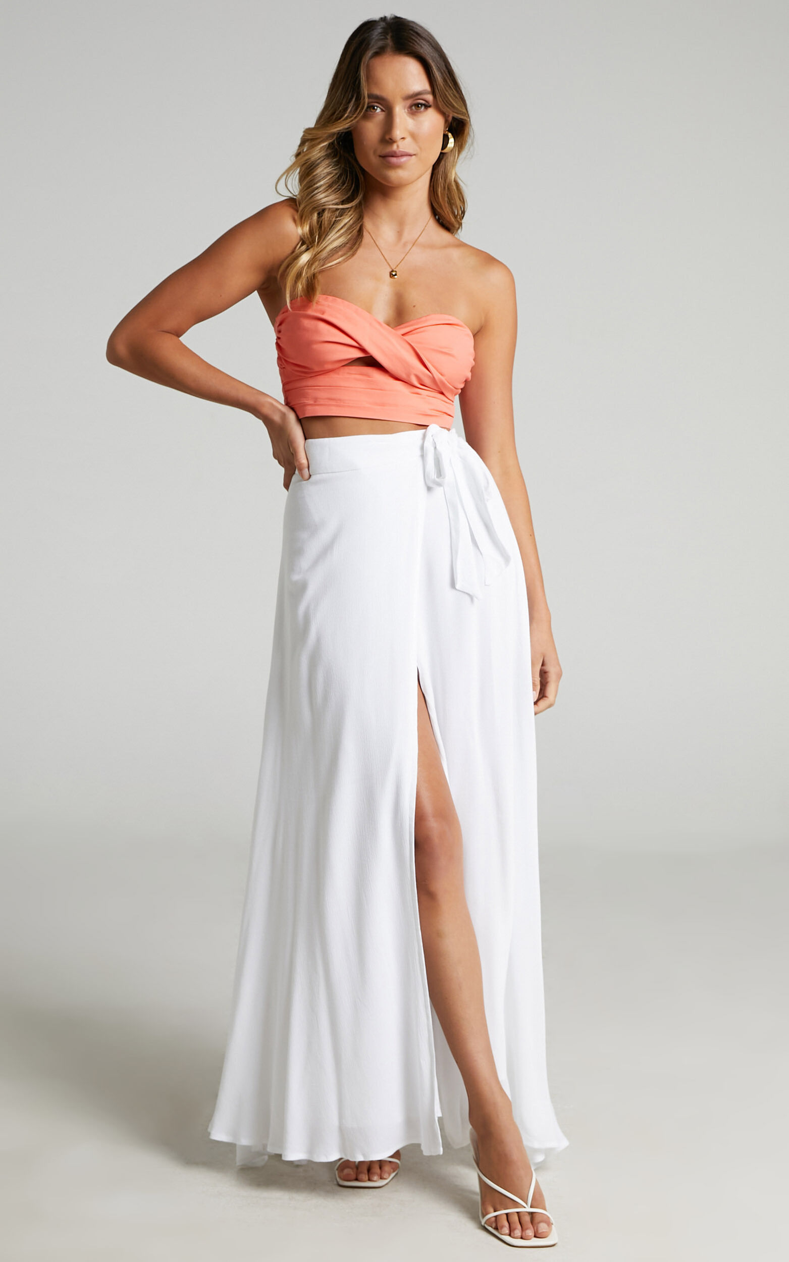 Break A Leg Midaxi Skirt - Wrap Thigh Split Skirt in White - 06, WHT8
