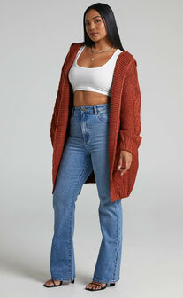 Gisella Chunky Cable Longline Knit Cardigan in Rust
