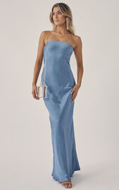 Charlita Strapless Cowl Back Satin Maxi Dress in Steel Blue | Showpo USA