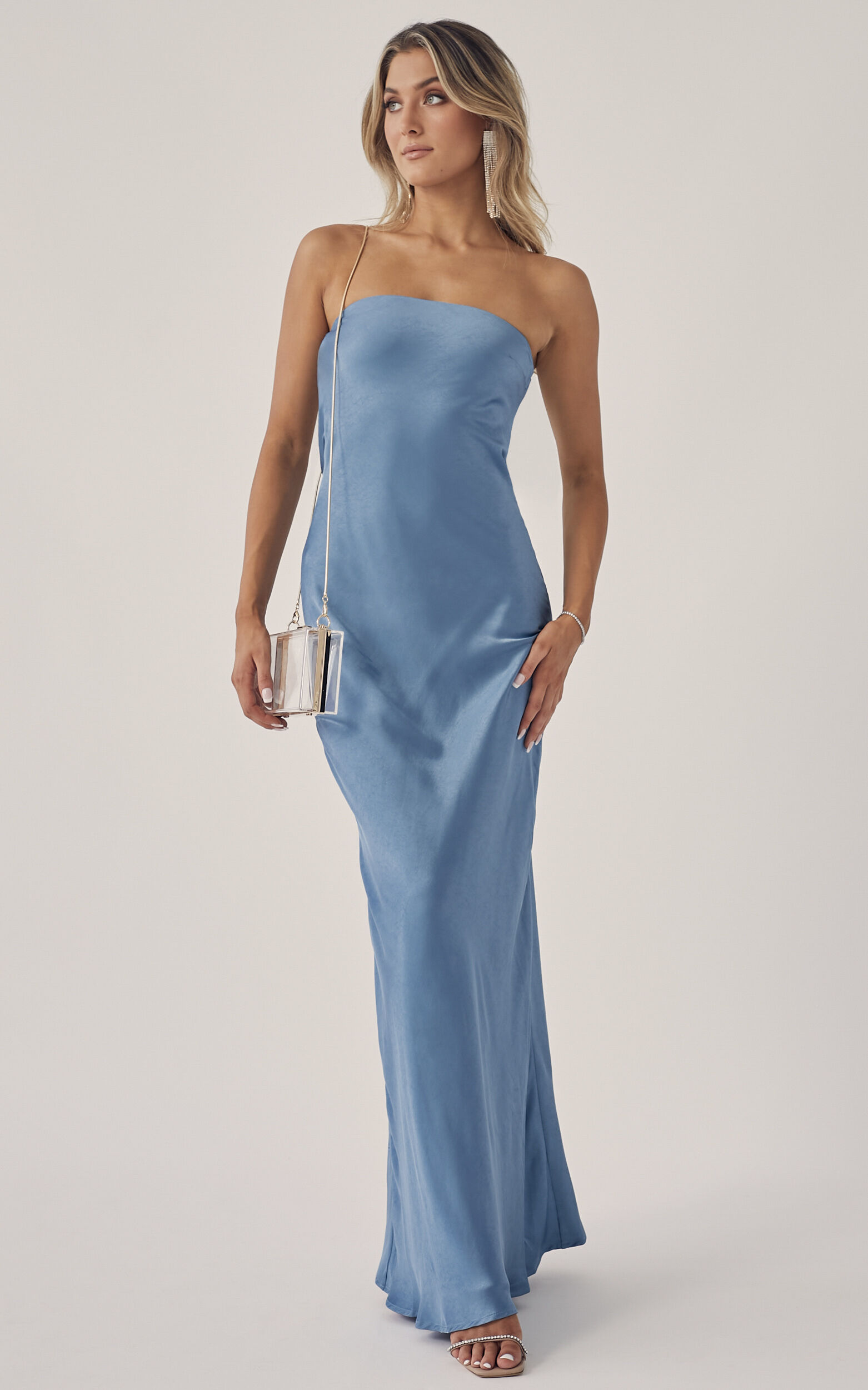 Afwijken Voorlopige Uitscheiden Charlita Strapless Cowl Back Satin Maxi Dress in Steel Blue | Showpo USA