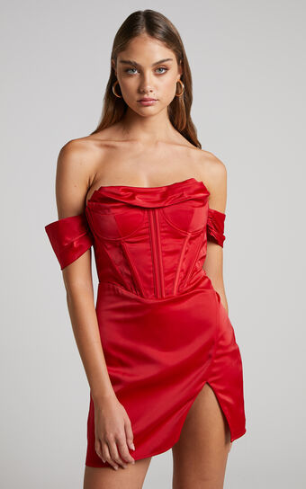Wallace Mini Dress - Strapless Bardot Sleeve Cowl Neck Corset Dress in Red