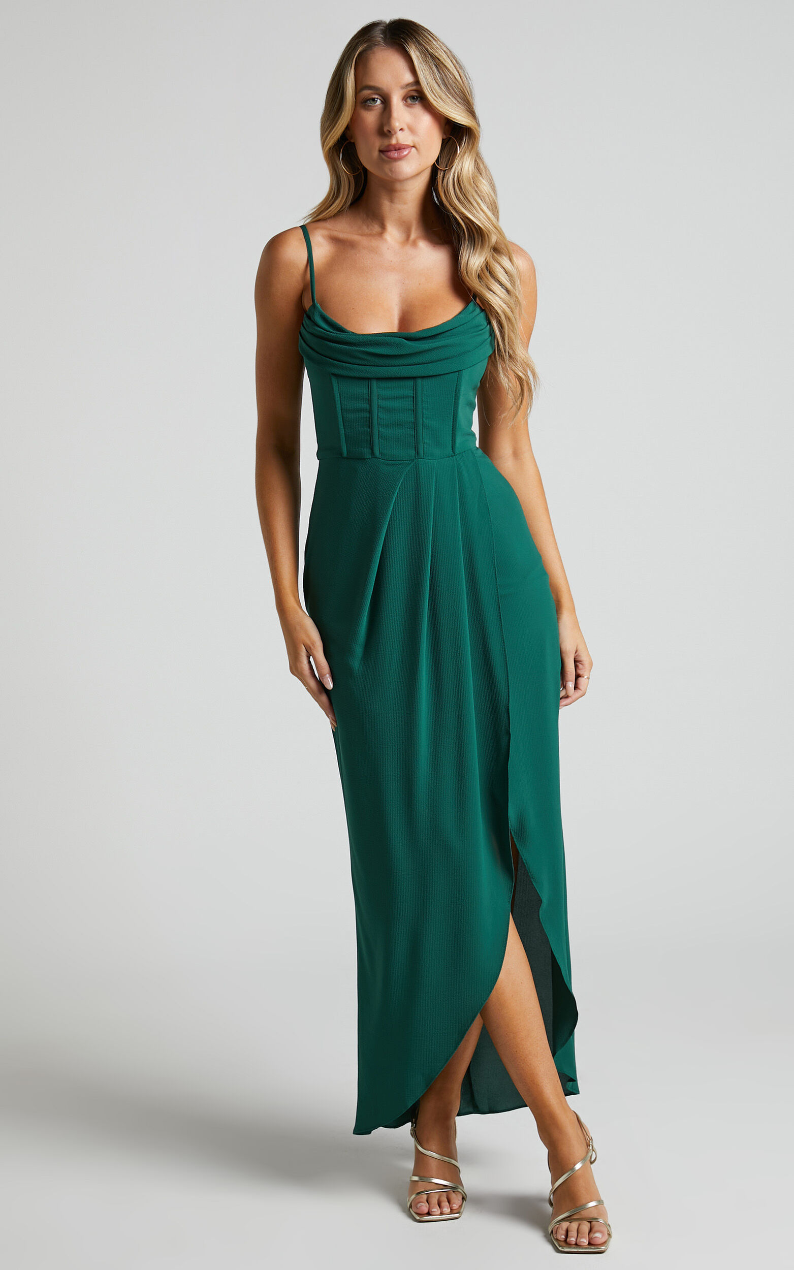 Andrina Midaxi Dress - High Low Wrap Corset Dress in Forest Green | Showpo