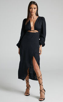 Demieh Midi Dress - Front Cut Out Long Sleeve Dress in Black