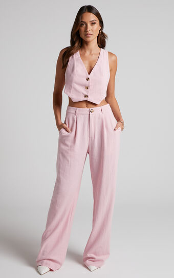 Larissa Trousers - Linen Look Mid Waisted Relaxed Straight Leg Trousers in Musk