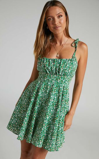 Liahna Mini Dress - Ruched Bust Tie Shoulder A-Line Dress in Green Floral