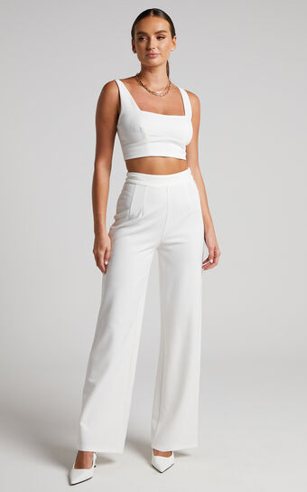 Elibeth Two Piece Set - Crop Top and High Waisted Wide Leg Pants in White