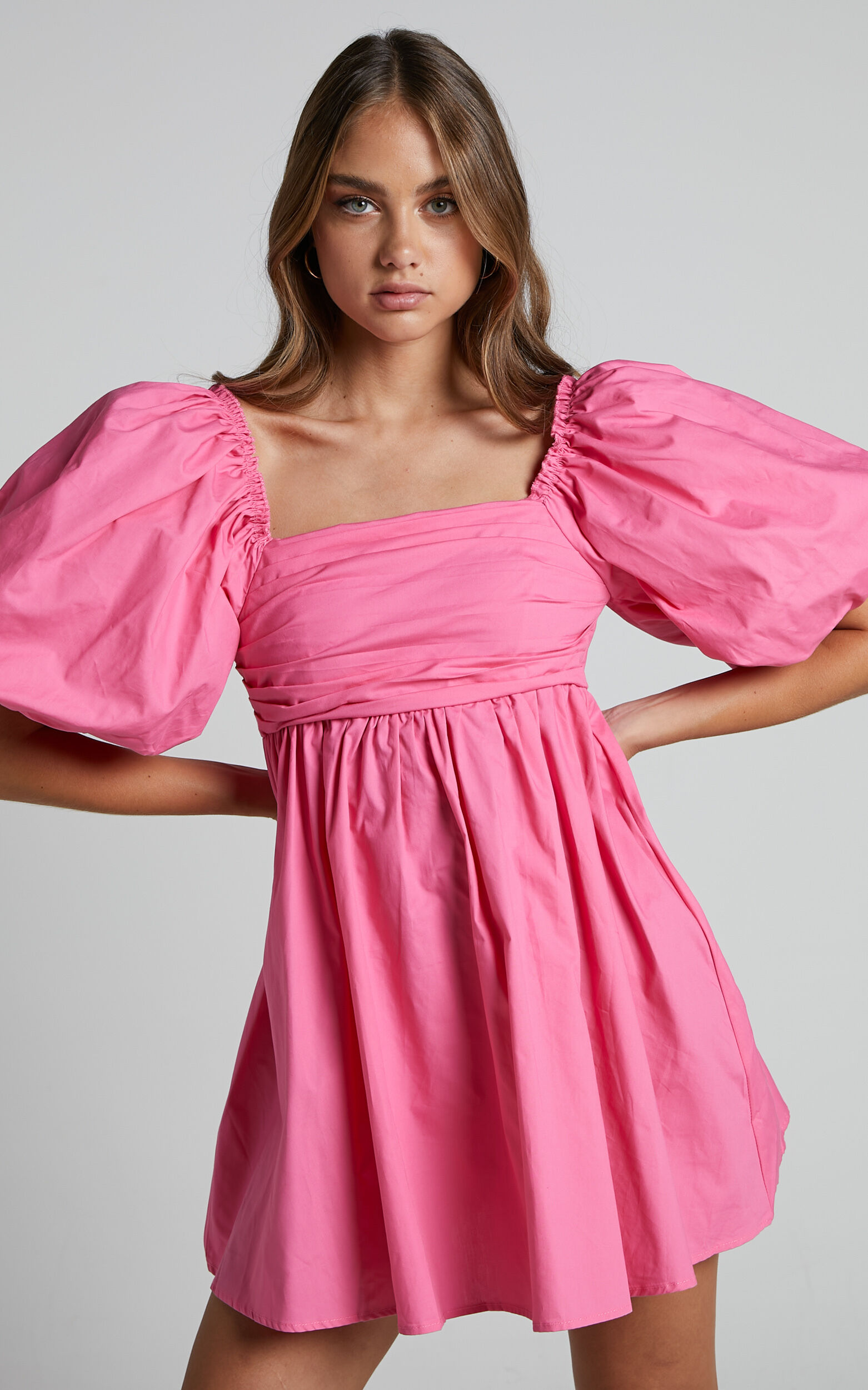 Melony Mini Dress - Cotton Poplin Puff Sleeve Dress in Pink - 06, PNK1, super-hi-res image number null