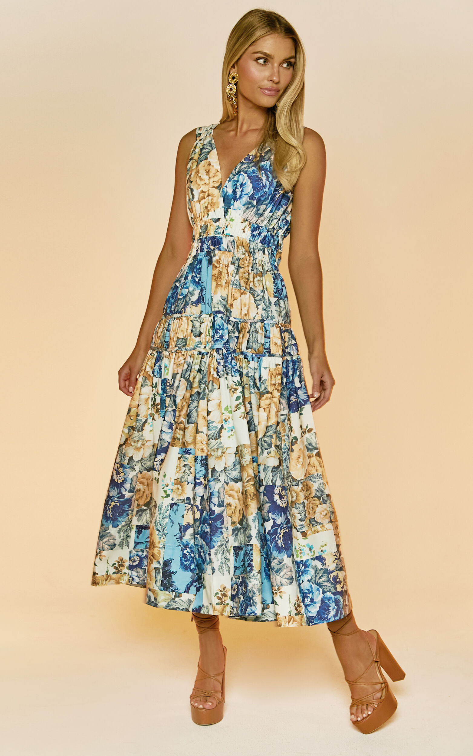 Emily Midi Dress - Plunge Tiered Midi in Patchwork Floral - 04, BLU1