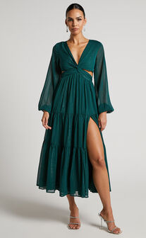 Edelyn Midi Dress - Cut Out Balloon Sleeve Tiered Dress in Emerald