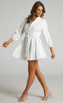 Raphaelle Long Sleeve Button Up Mini Dress in White